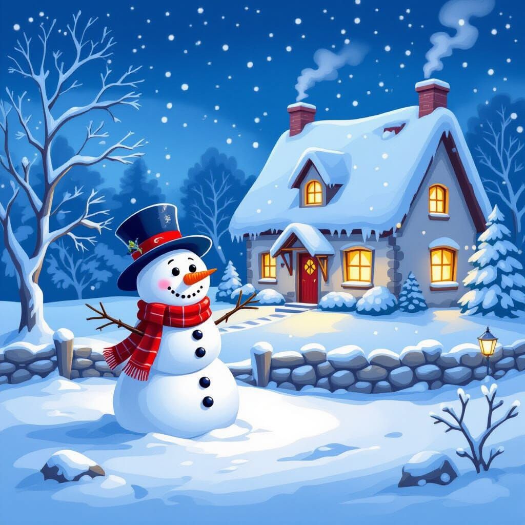 Magical Christmas Snow Scene with Cartoon Snowman