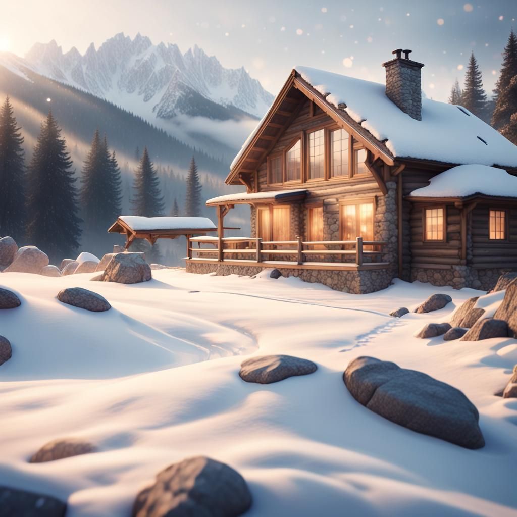 Snowy Mountain House with Chimney Smoke in Mist
