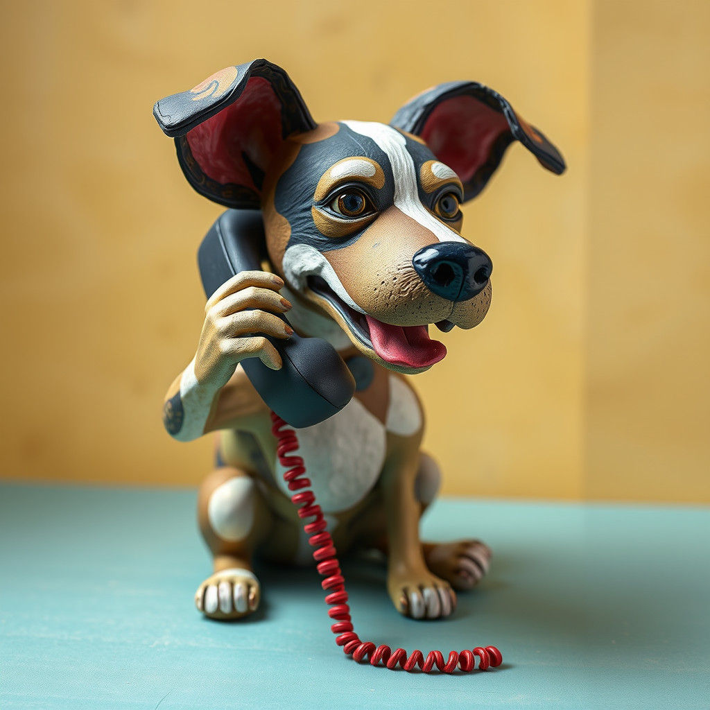 Dog on the Phone in Paper Mache Style