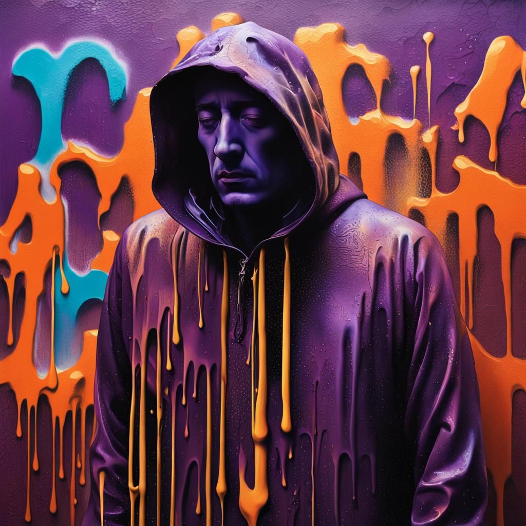 Surreal Hooded Figure by Dripping Graffiti Wall