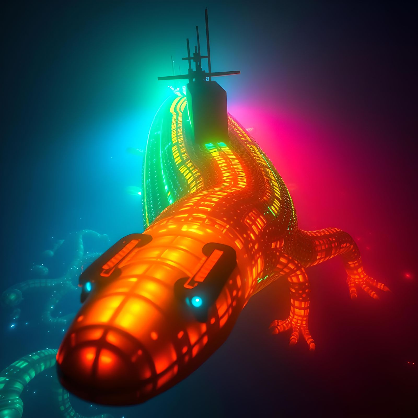 Bioluminescent Reptile Surrounds Military Submarine