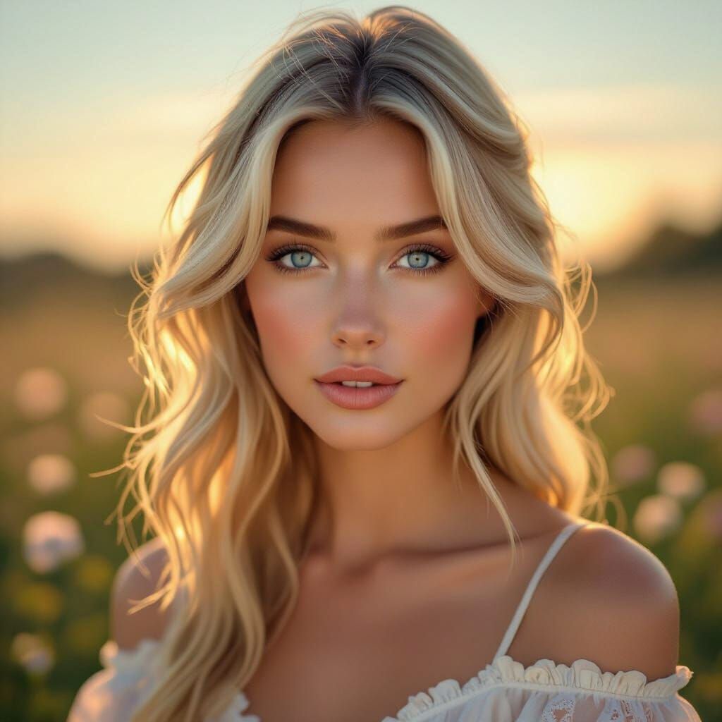 Beautiful Blonde Woman with Blue Eyes in Golden Hour Light