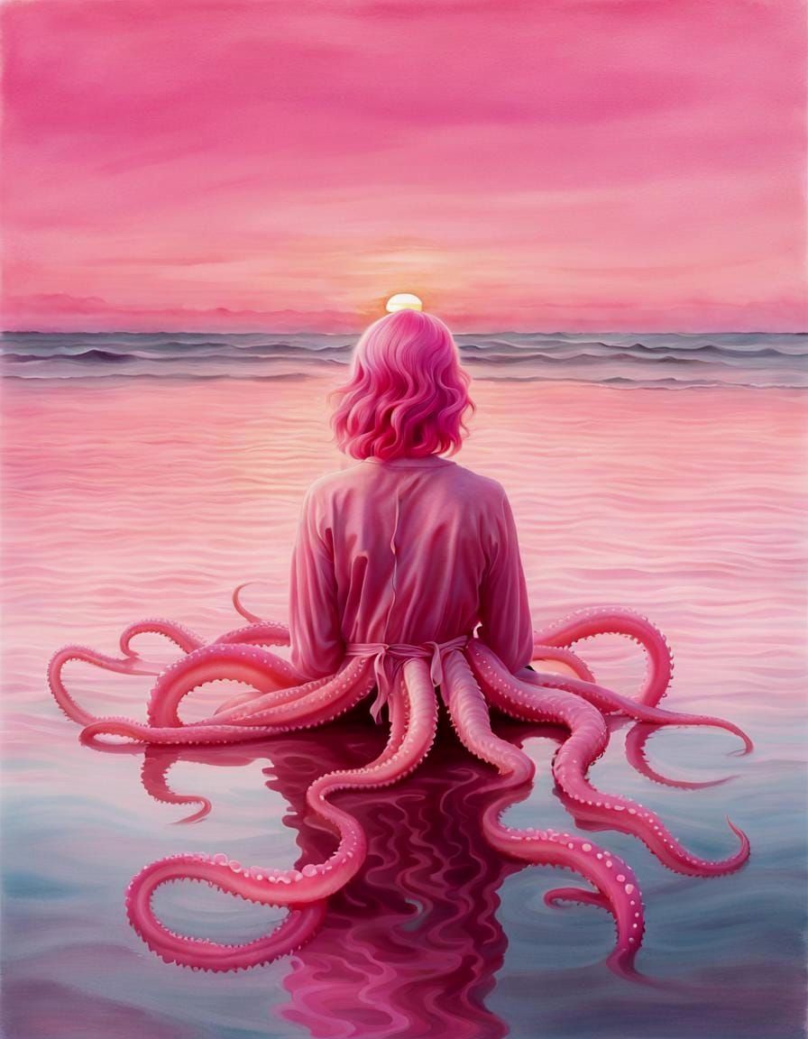 Woman with Pink Hair at Surreal Sunset