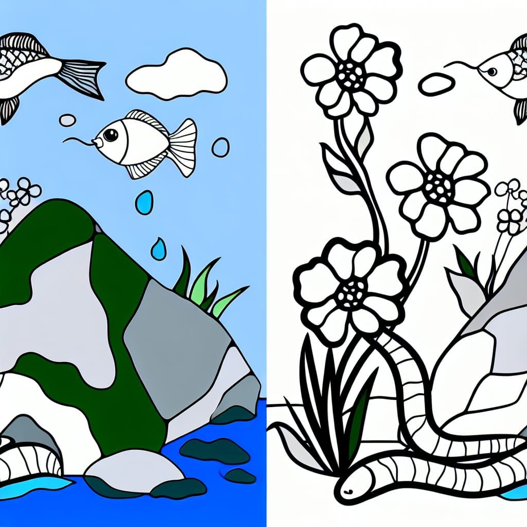 Abstract Fish, Snake, and Flowers on a Rock