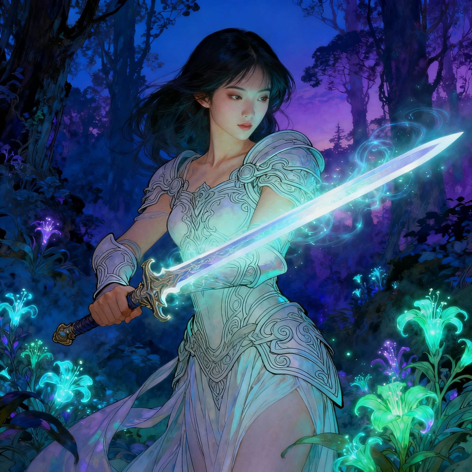 Asian Warrior Wields Glowing Sword in Mystical Forest