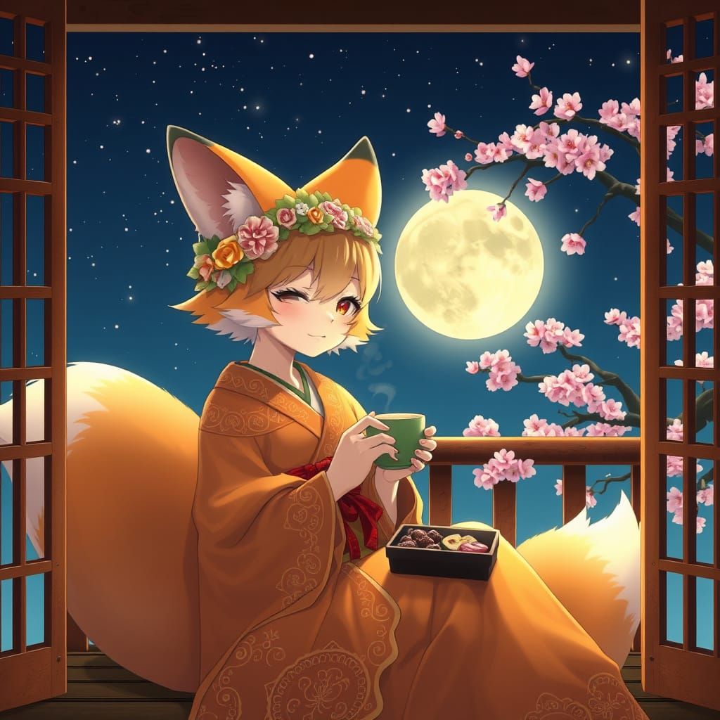 Serene Fox Girl in Japanese Pagoda