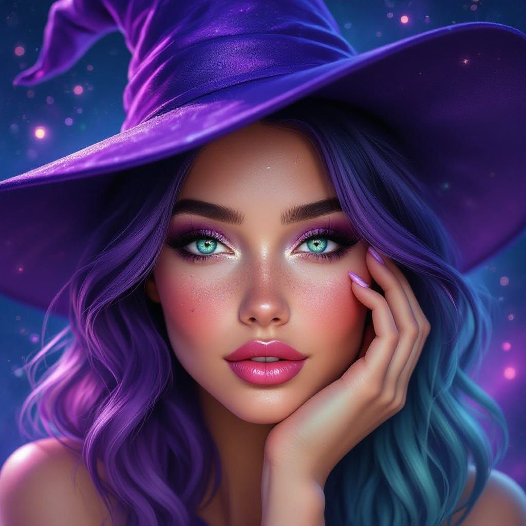 Majestic Purple Witch Portrait in Ethereal Digital Painting