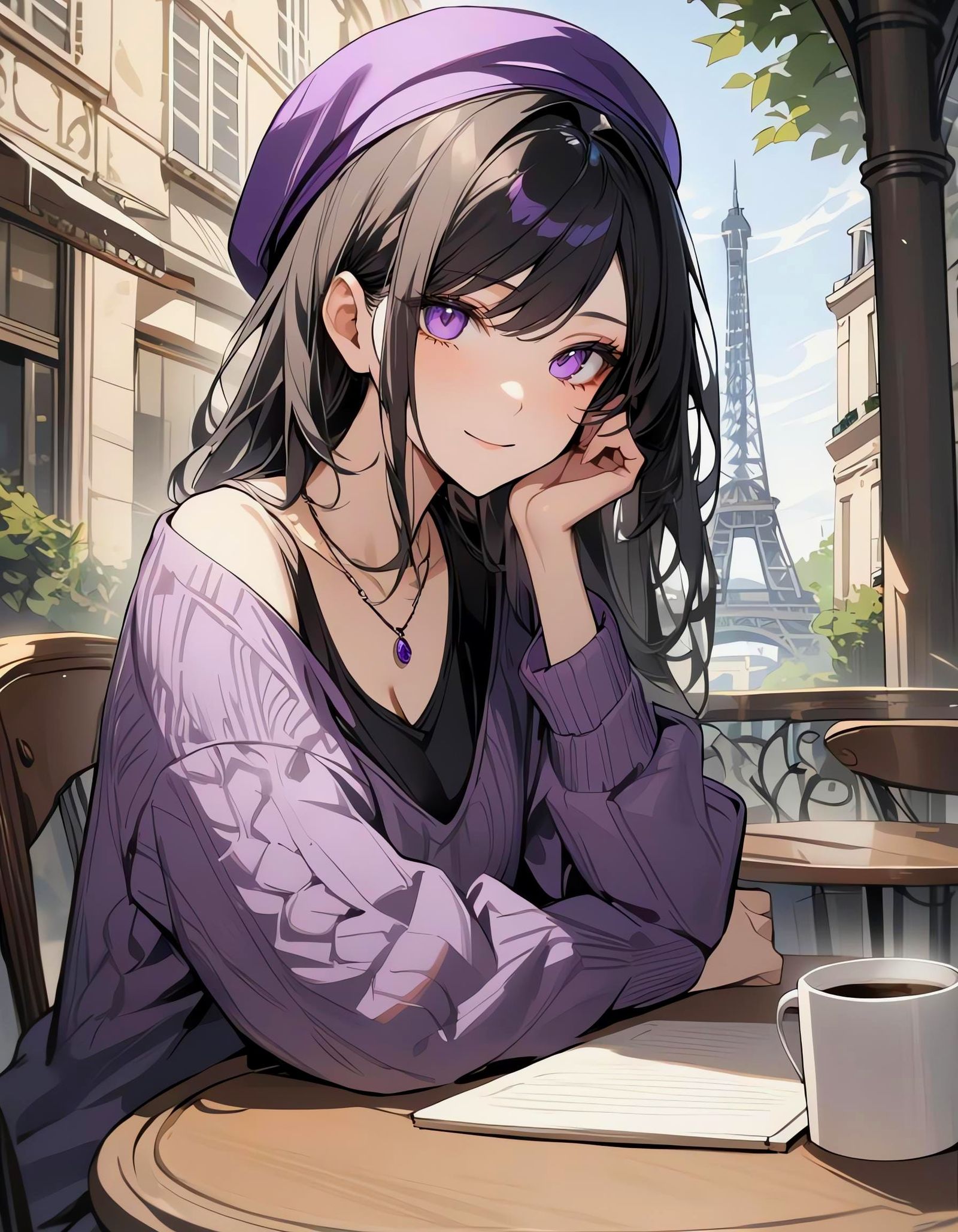 Girl at Paris Cafe with Eiffel Tower View