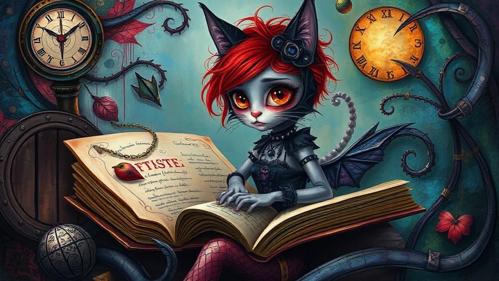 Gothic Cat-Girl Reading in Fairytale Scene