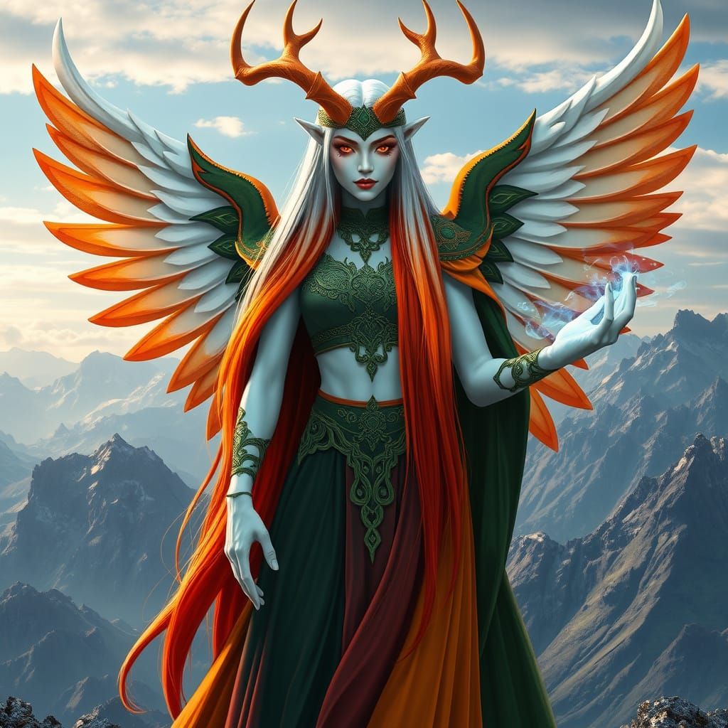 Majestic Mountain Goddess with Vibrant Orange-Red Hues and E...