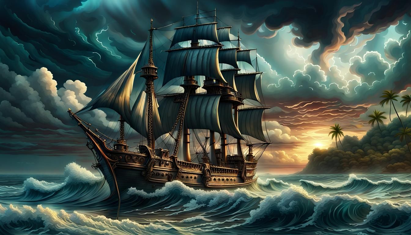 Gothic Victorian Ship on Stormy Tropical Seascape