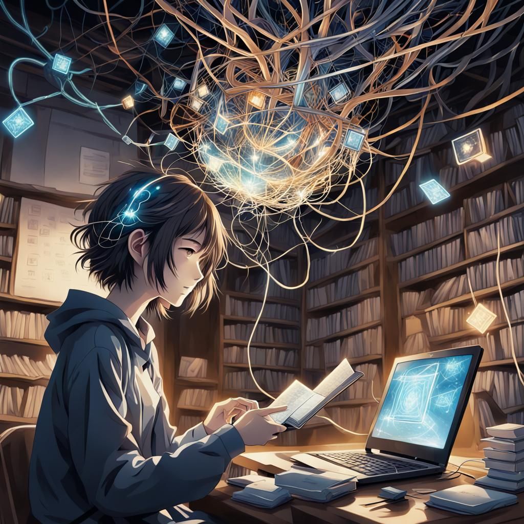 Abstract Mind Connected to Computer in Anime Style