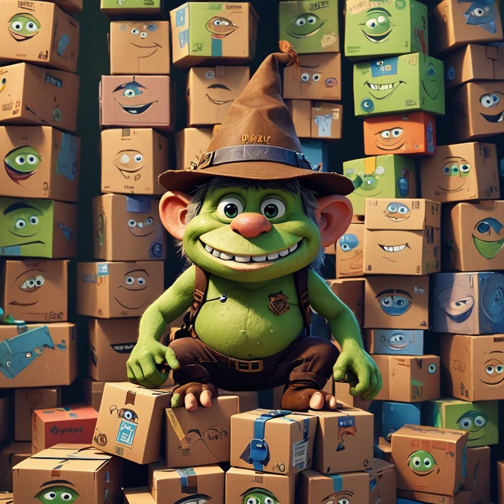 Friendly Box Troll Stacking Boxes, Pixar Style