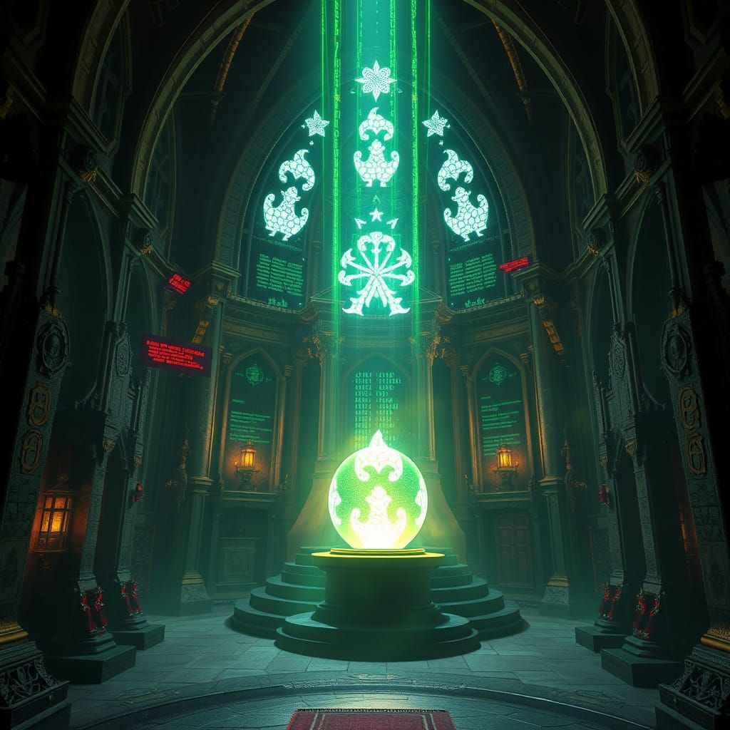Wizard Tower Interior with Glowing Digital Code Orb