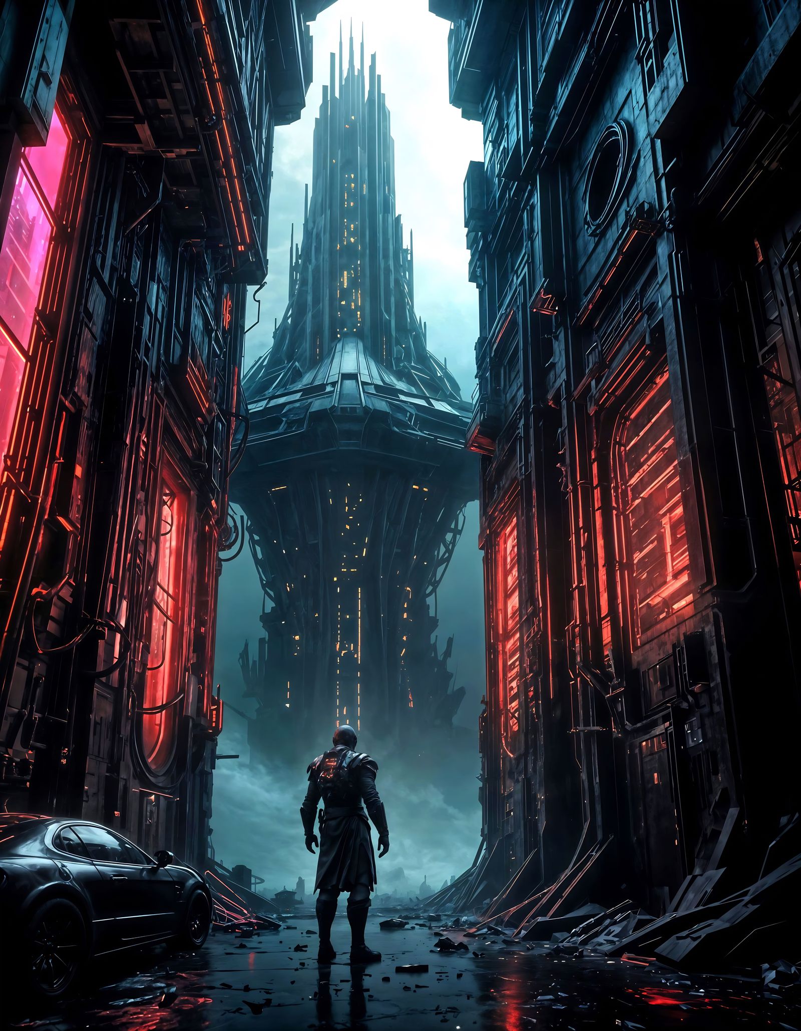 Dark Sci-Fi Alien Monk in Brutalist Tower