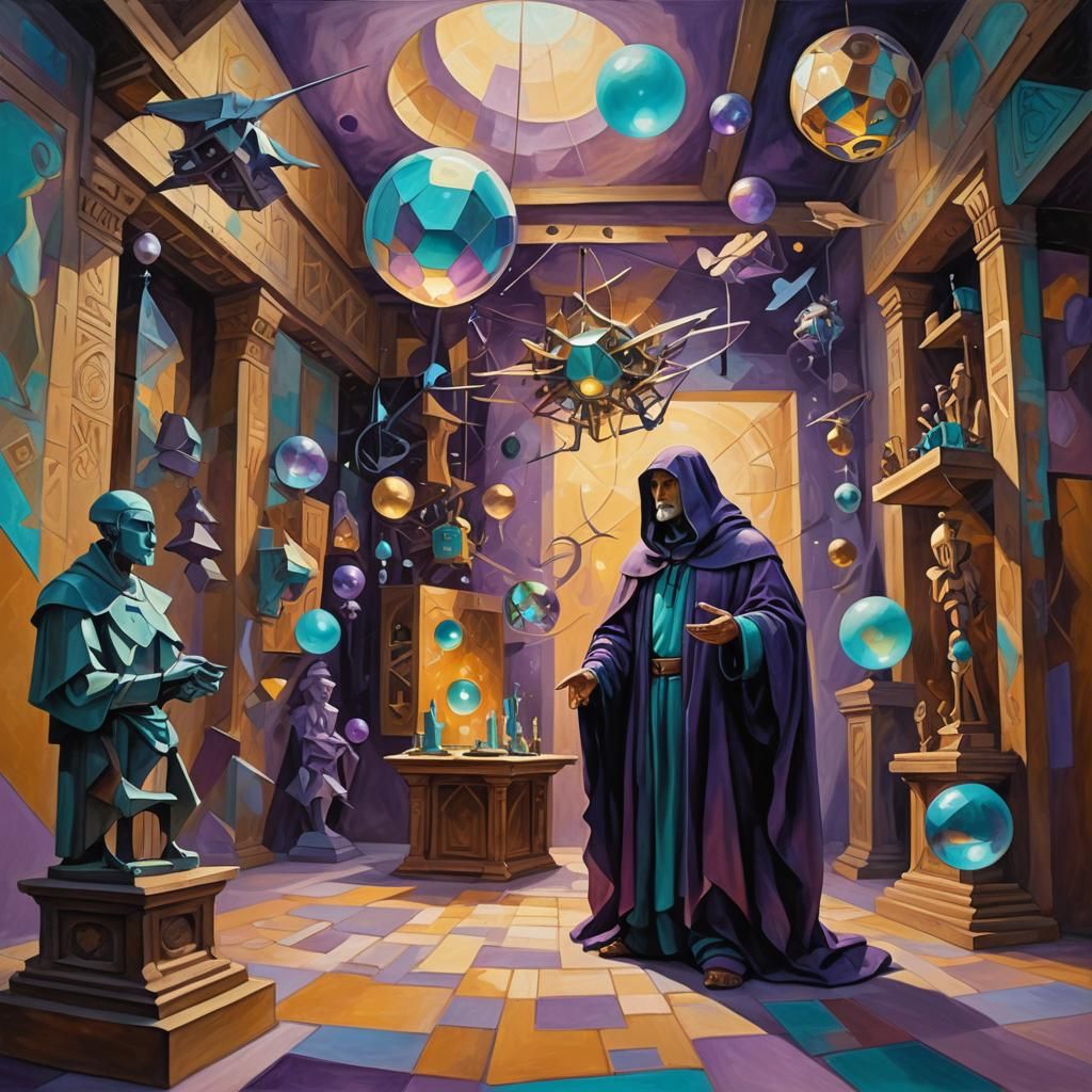 Mystical Chamber: Surreal Oil Painting with Flying Machines