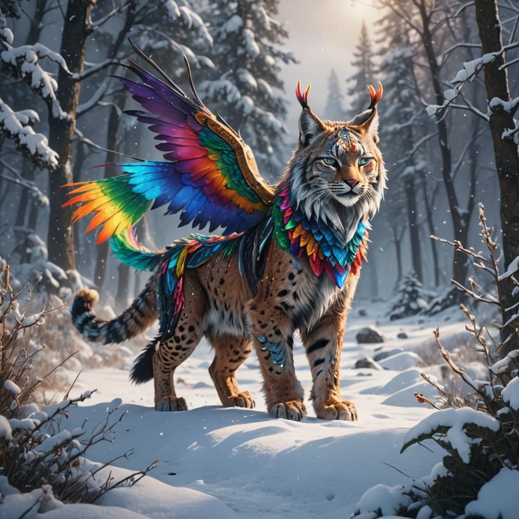 Rainbow Winged Lynx in Snowy Landscape