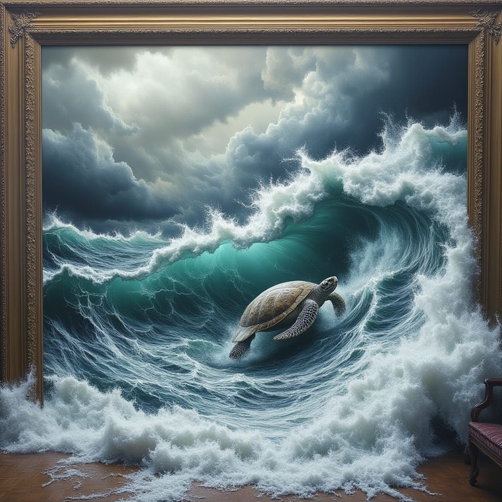 Surreal Lifelike Painting of Stormy Ocean with Sea Turtle