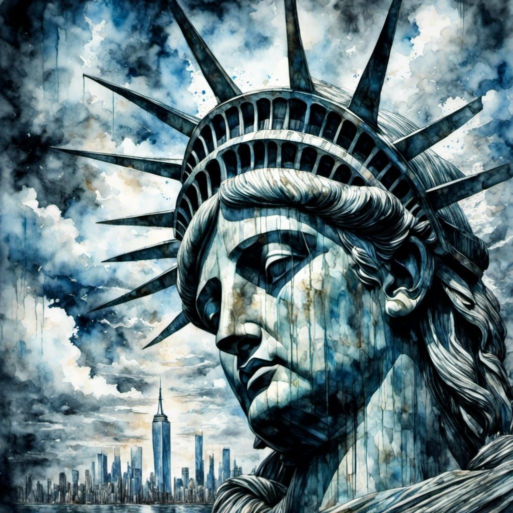 Statue of Liberty Double Exposure in Dystopian Landscape