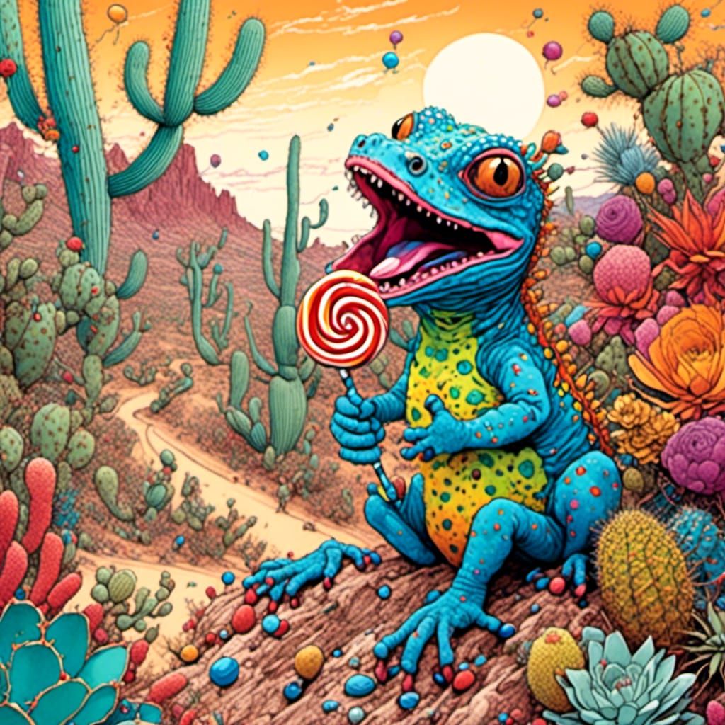 Psychedelic Gecko in Candyland Desert: Gouache Art