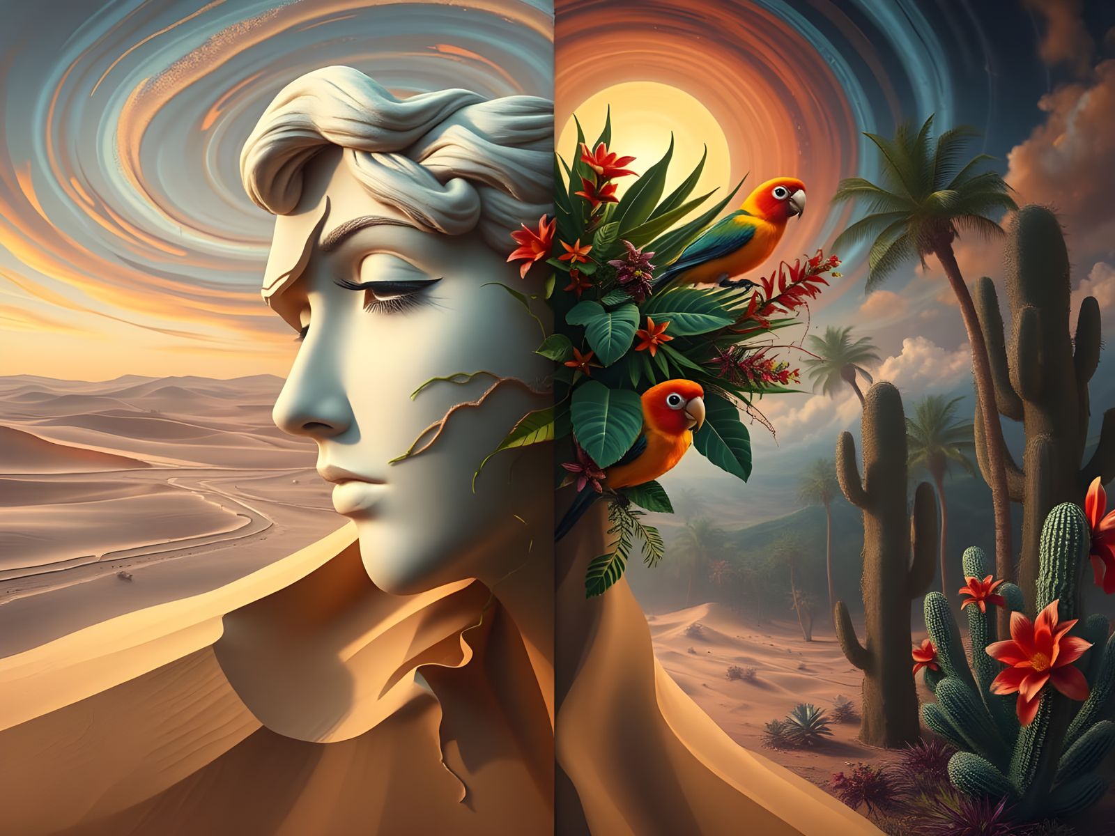 Surreal Desert Goddess Emerges from Twilight Landscape