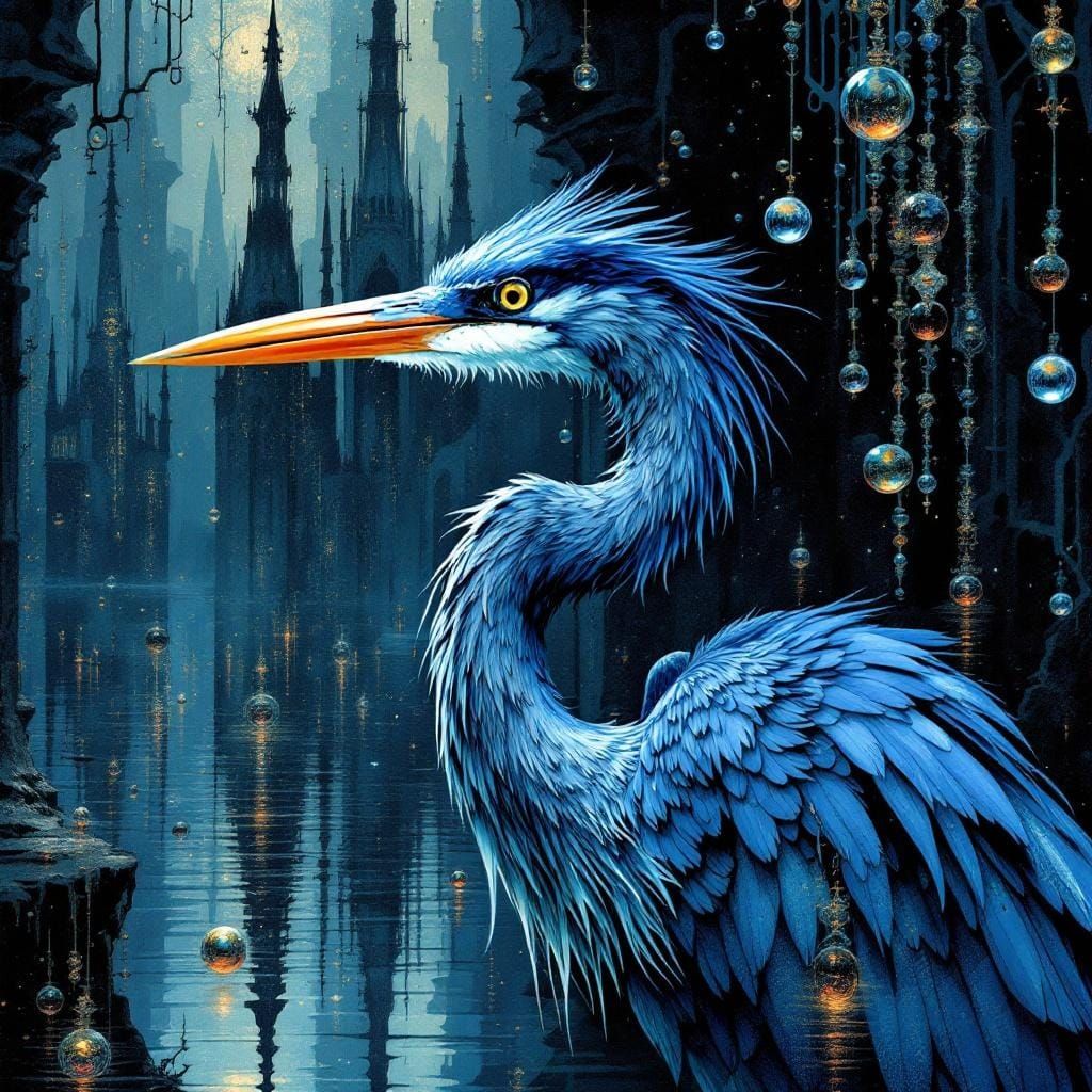 Blue Heron in Neo-Gothic Surreal Landscape