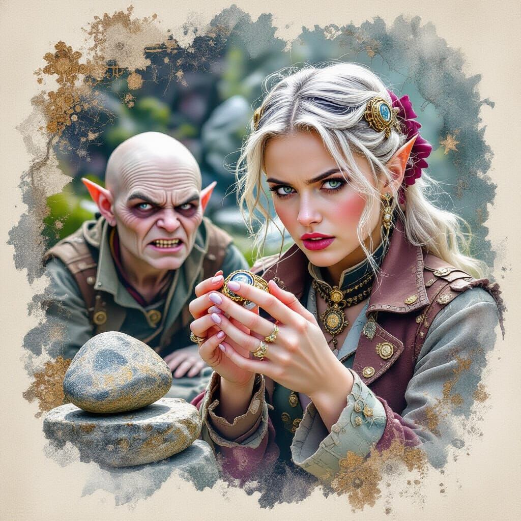 Steampunk Girl and Gollum with Ring, Watercolor Style