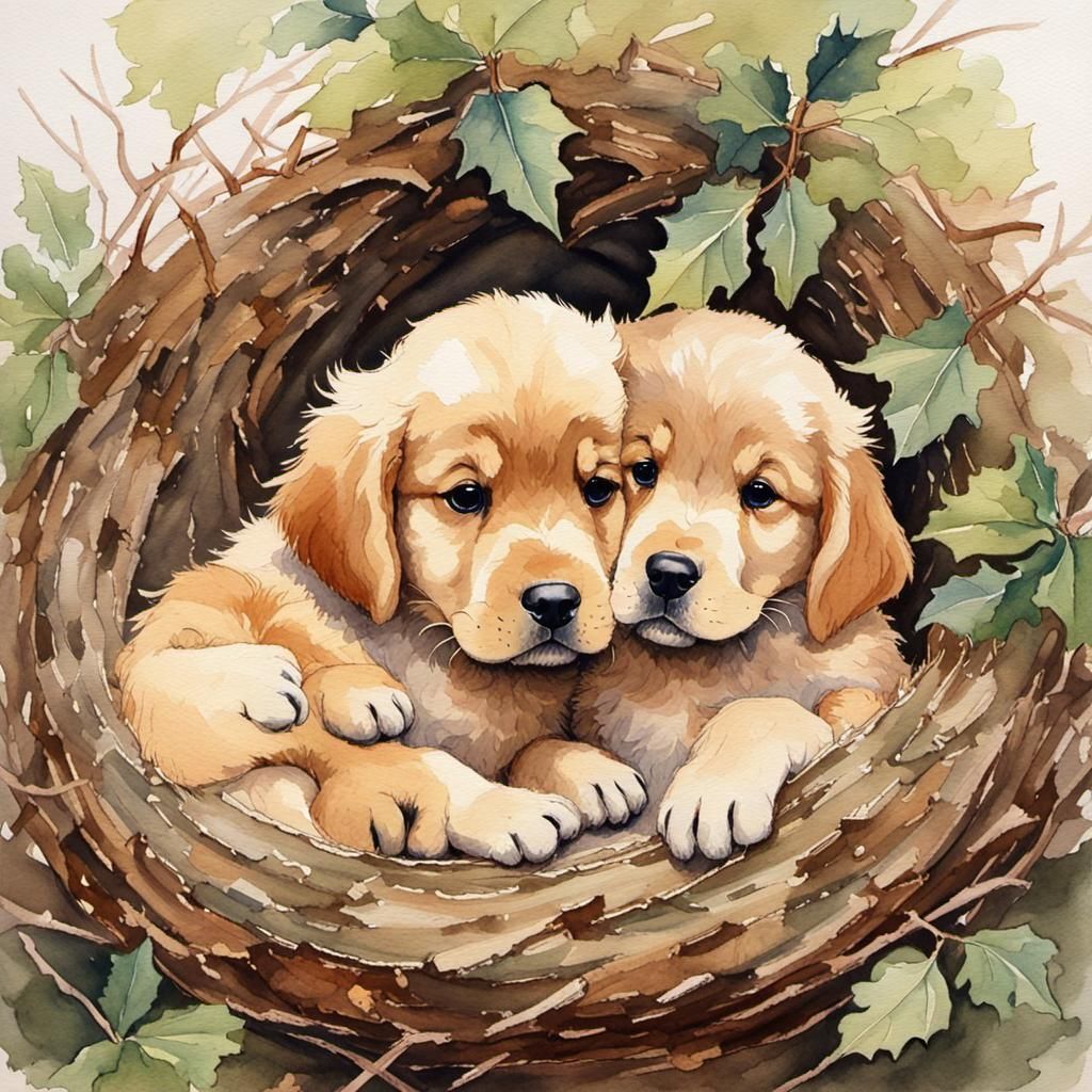 Adorable Puppies Snuggling in Bird's Nest Watercolour