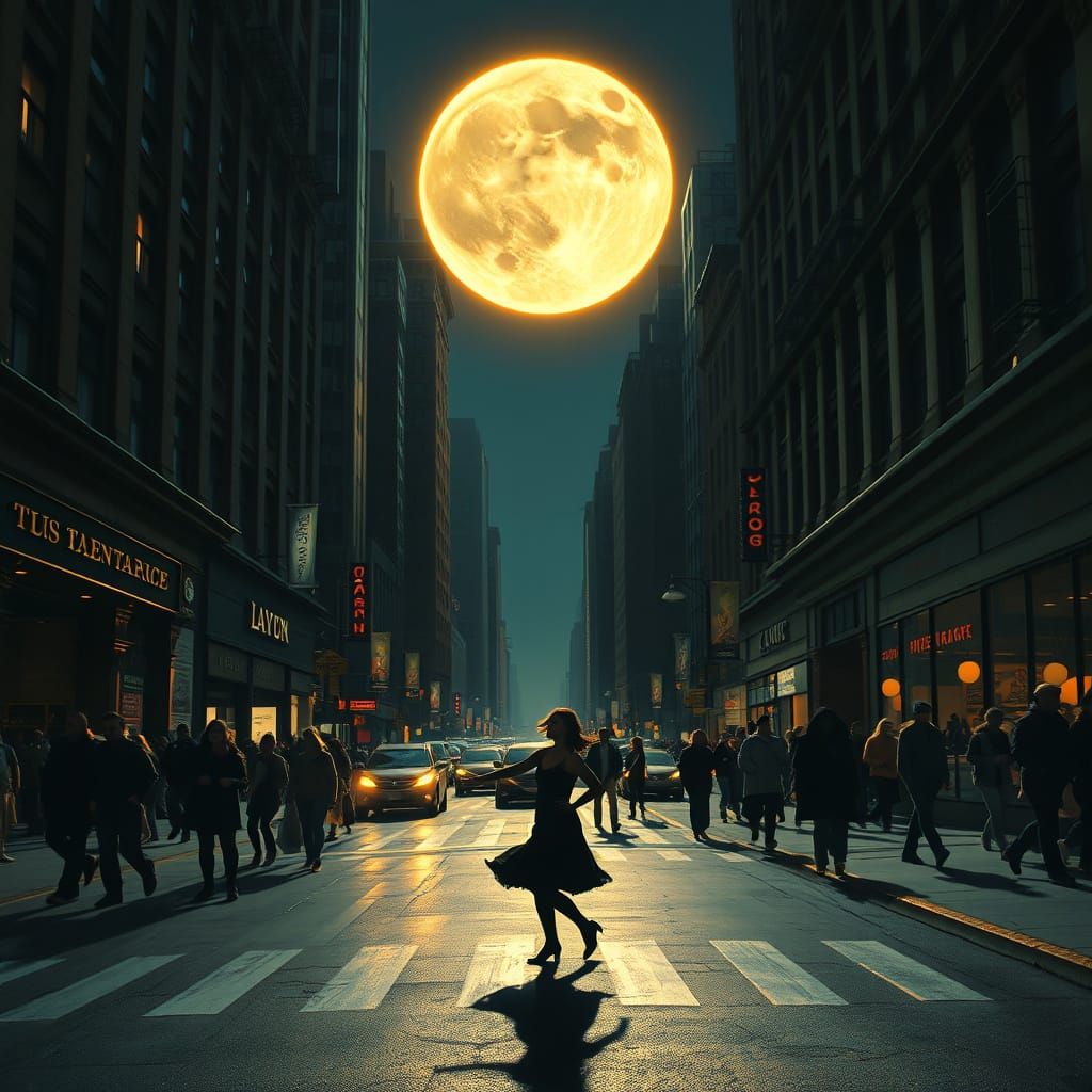 Surreal Midnight Sun Over New York Street with Dancer