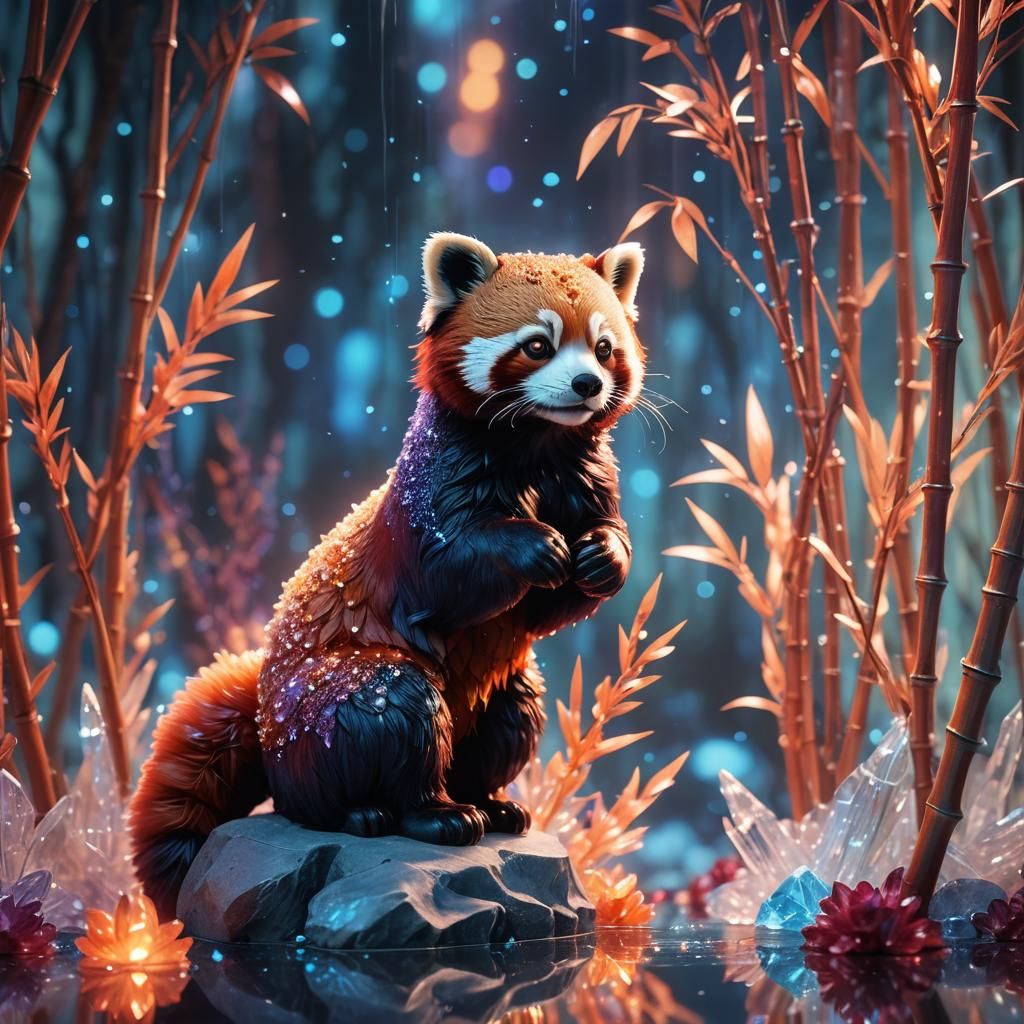Glass Red Panda Statue with Glowing Bamboo