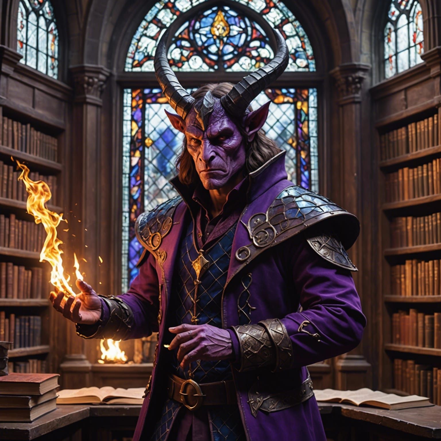 Dramatic Tiefling Mage in Medieval Library