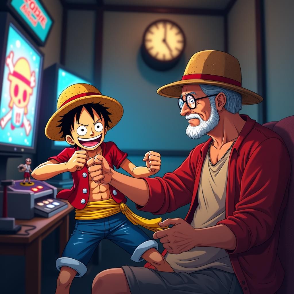 Luffy Playing Video Games in Manga Scan Style