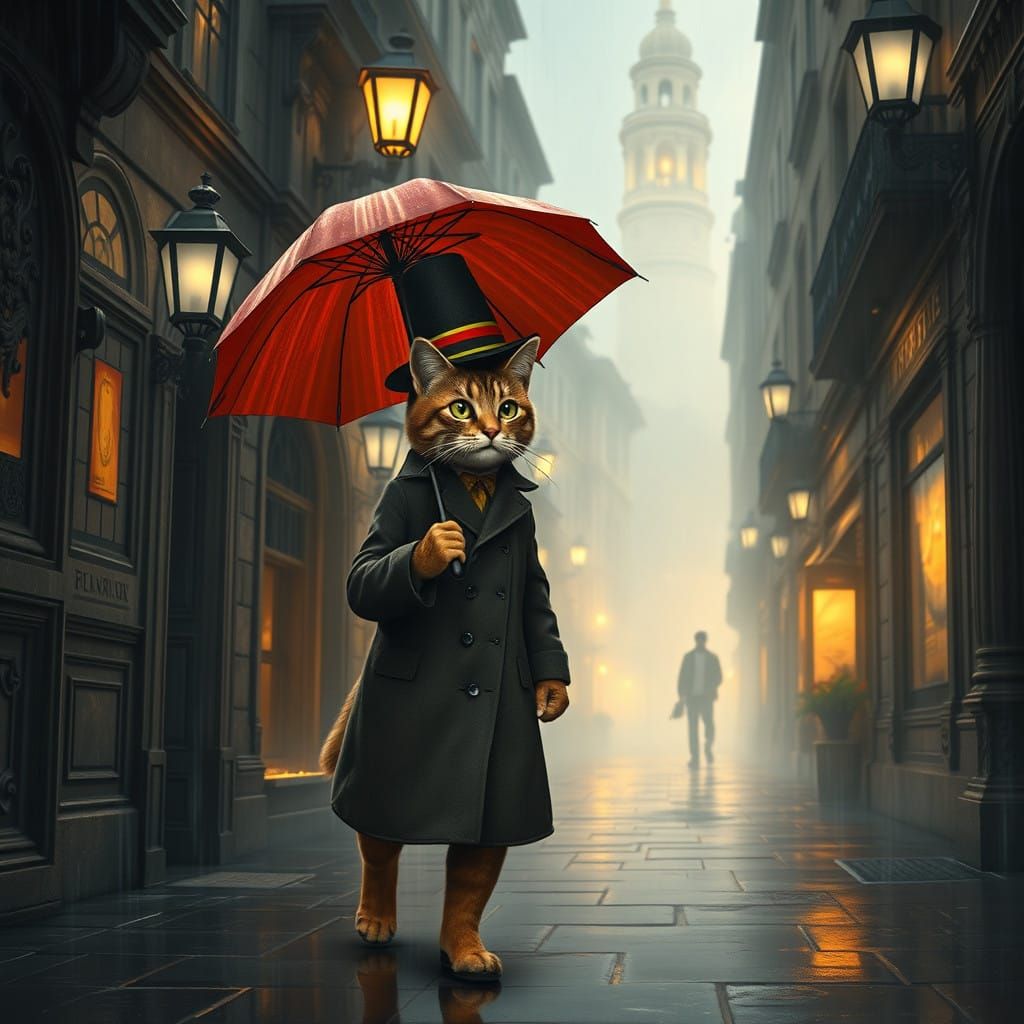 Anthropomorphic Cat Walks Through Rainy Streetscape in Elega...