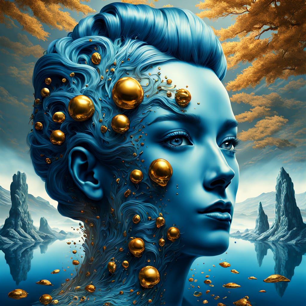 Surreal River of Heads in Dreamlike Landscape