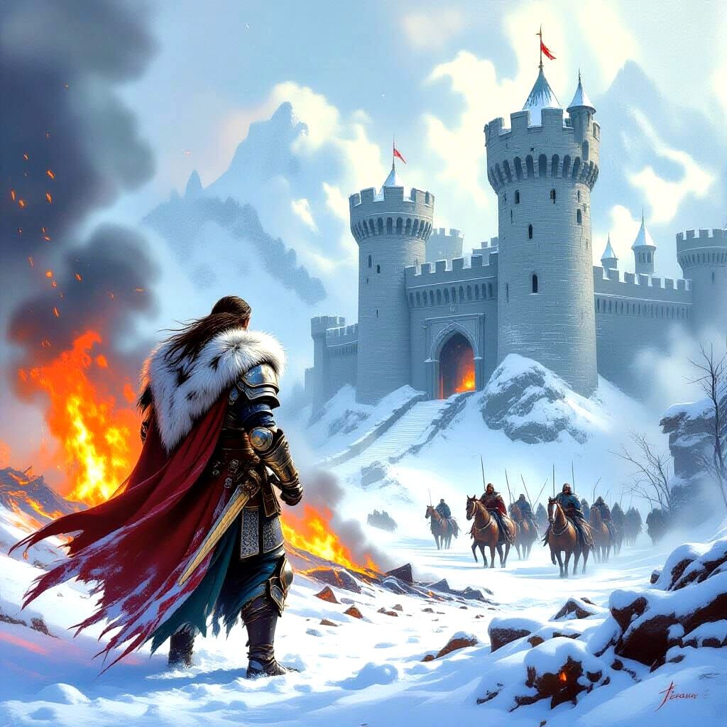 Fiery Battlefield: Young Knight in Frazetta Style