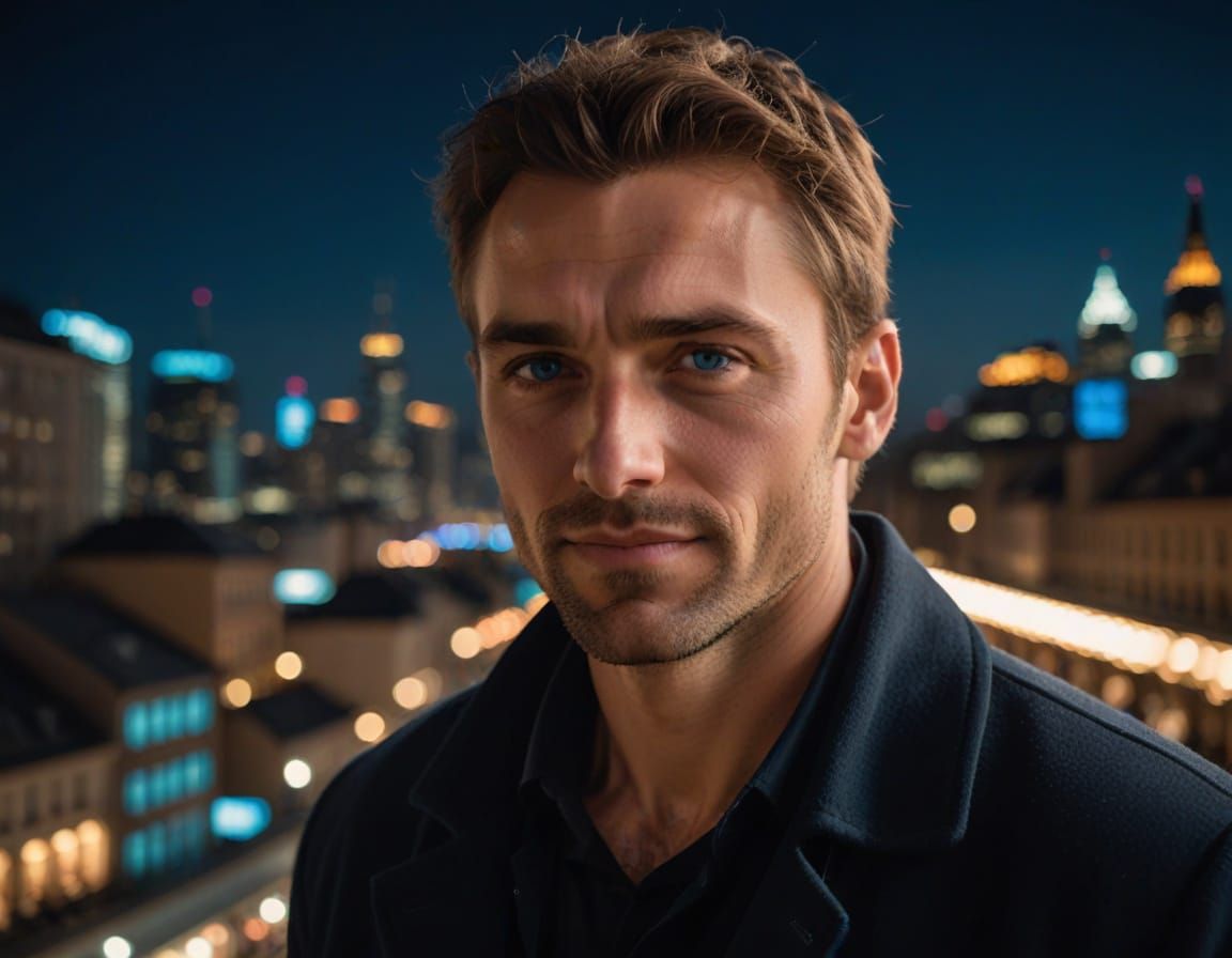 A man  looks from his terrace at the big city at night