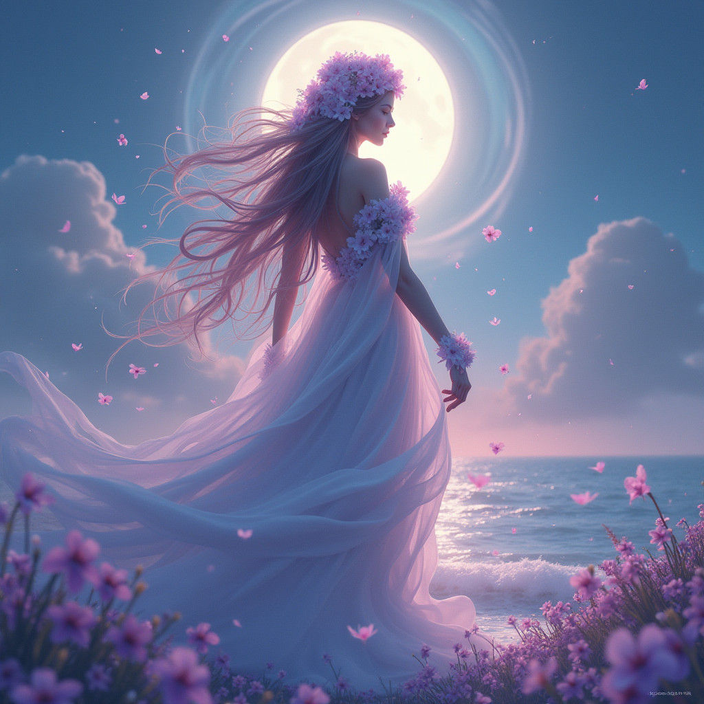 Ethereal Woman Protected by Moonlight in Dreamscape