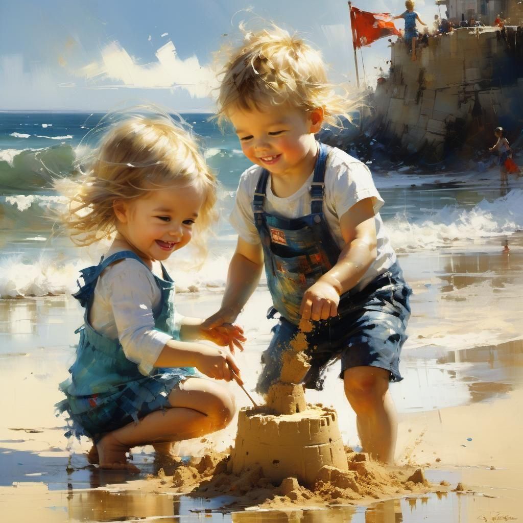 Joyful Siblings Building Sandcastle, Fine Art