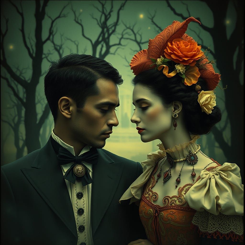 Surreal Dark Fairytale Couple in Autochrome Style