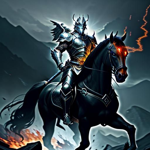 Divine Warrior on Celestial Warhorse in Epic Battle