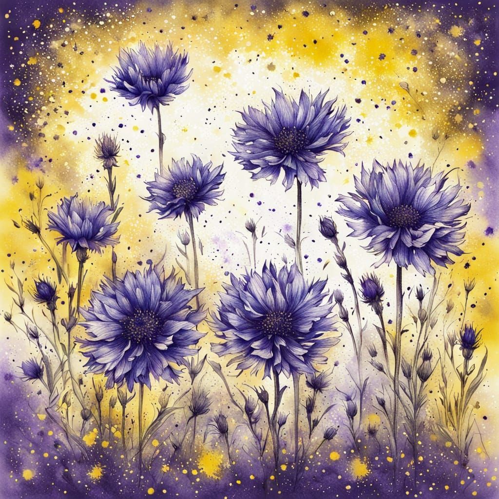 Detailed Pen and Ink Cornflower Field with Sparkles