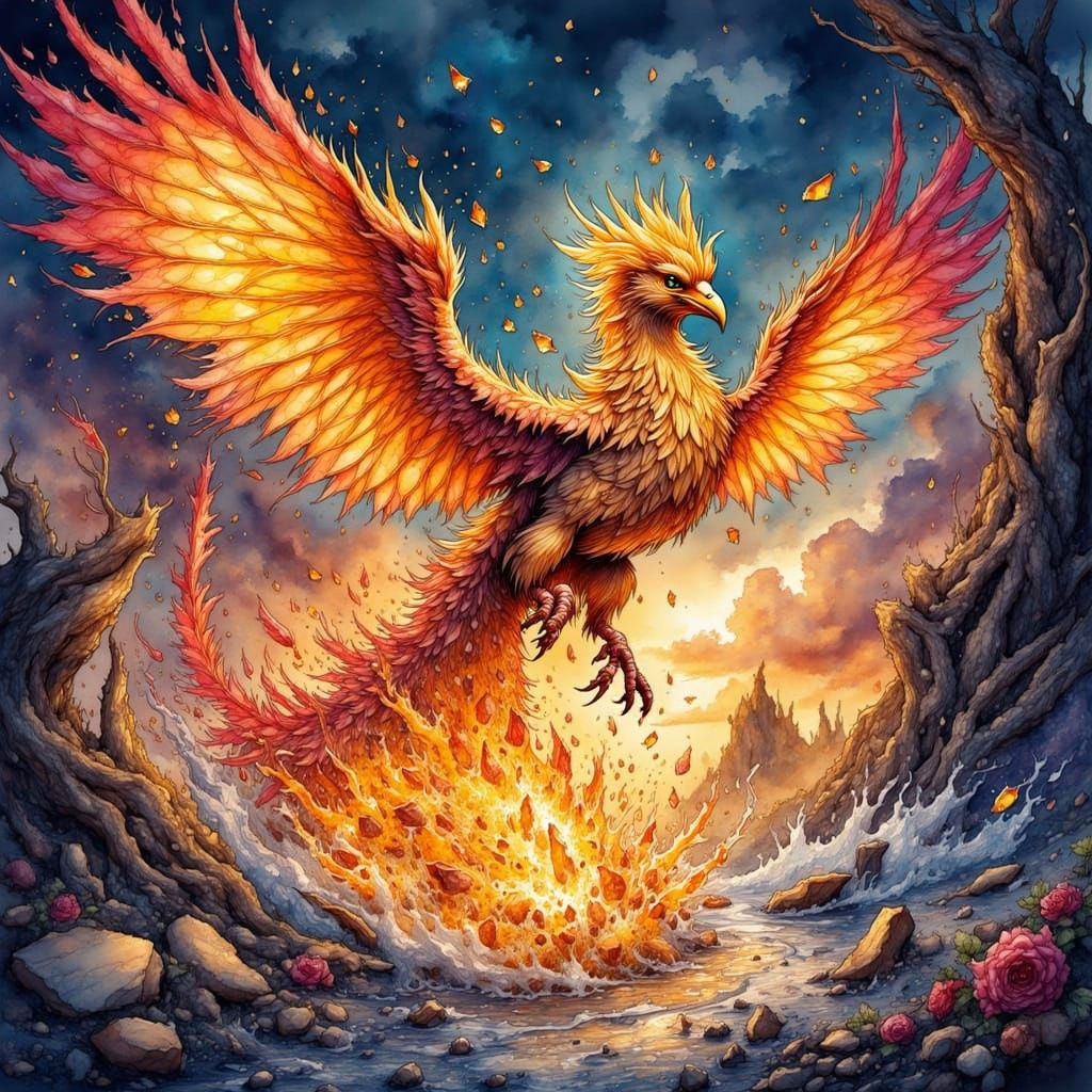 A bold phoenix rising from a sea of shattered glass