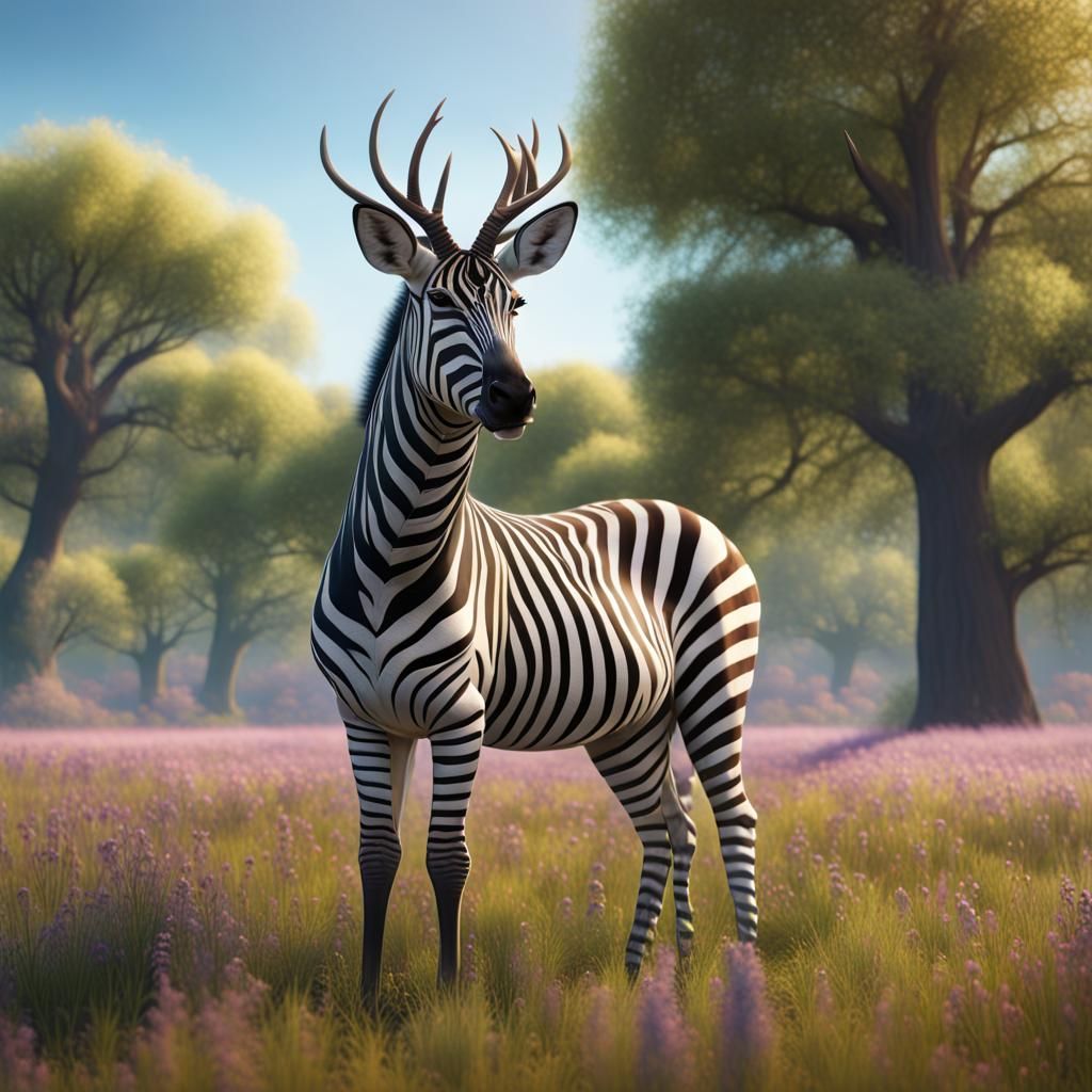 a fullgrown buck and zebra hybrid in the middle of a meadow on a beautiful spring afternoon