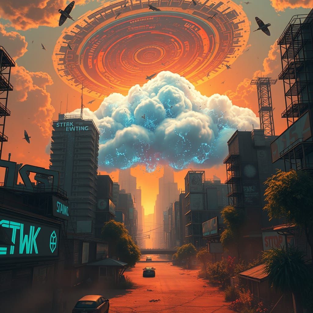 Nanobot Cloud Repairs Post-Apocalyptic City in Cyberpunk Sty...
