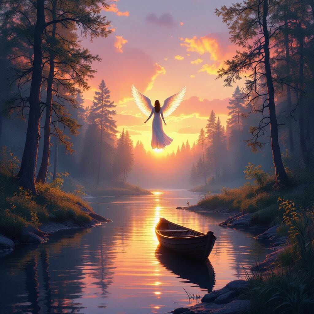 Ethereal Angel Watches River at Sunset Digital Painting