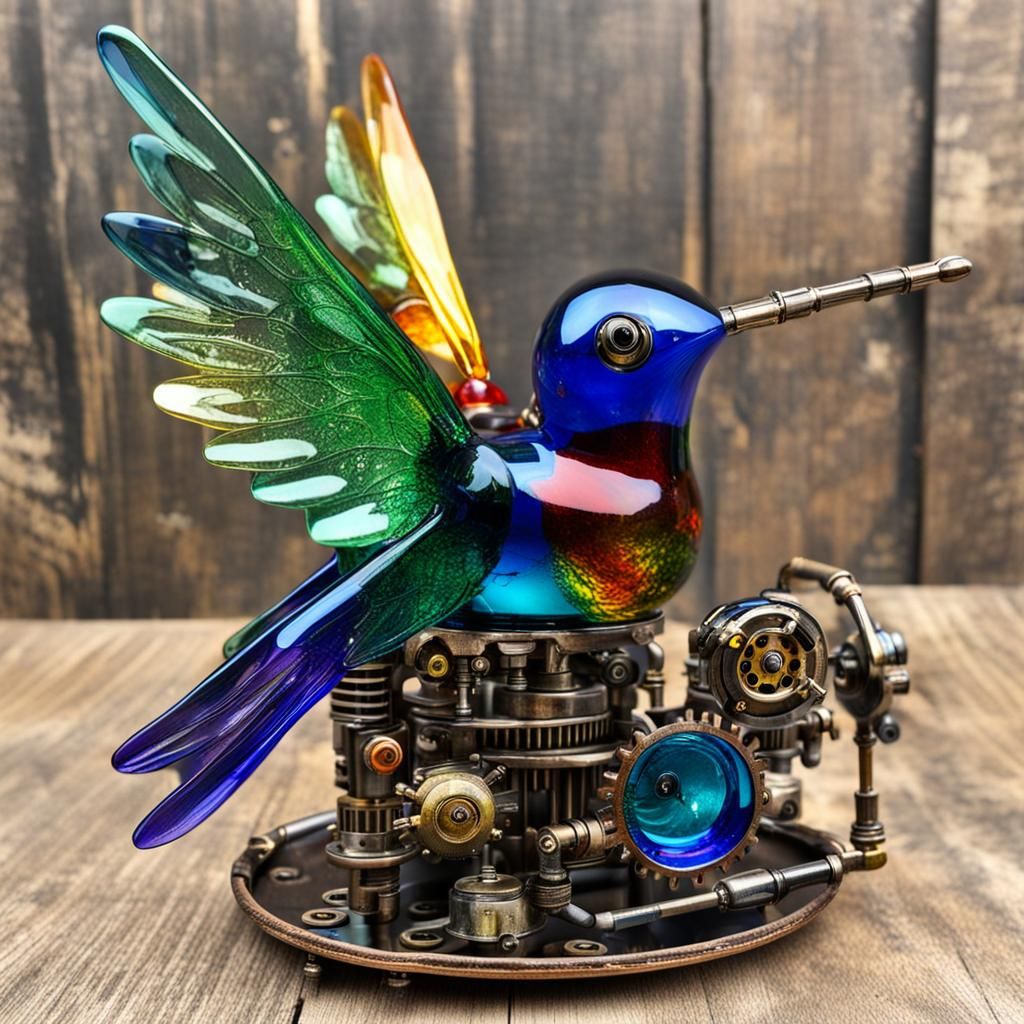 Steampunk Robotic Hummingbirds with Colorful Glass