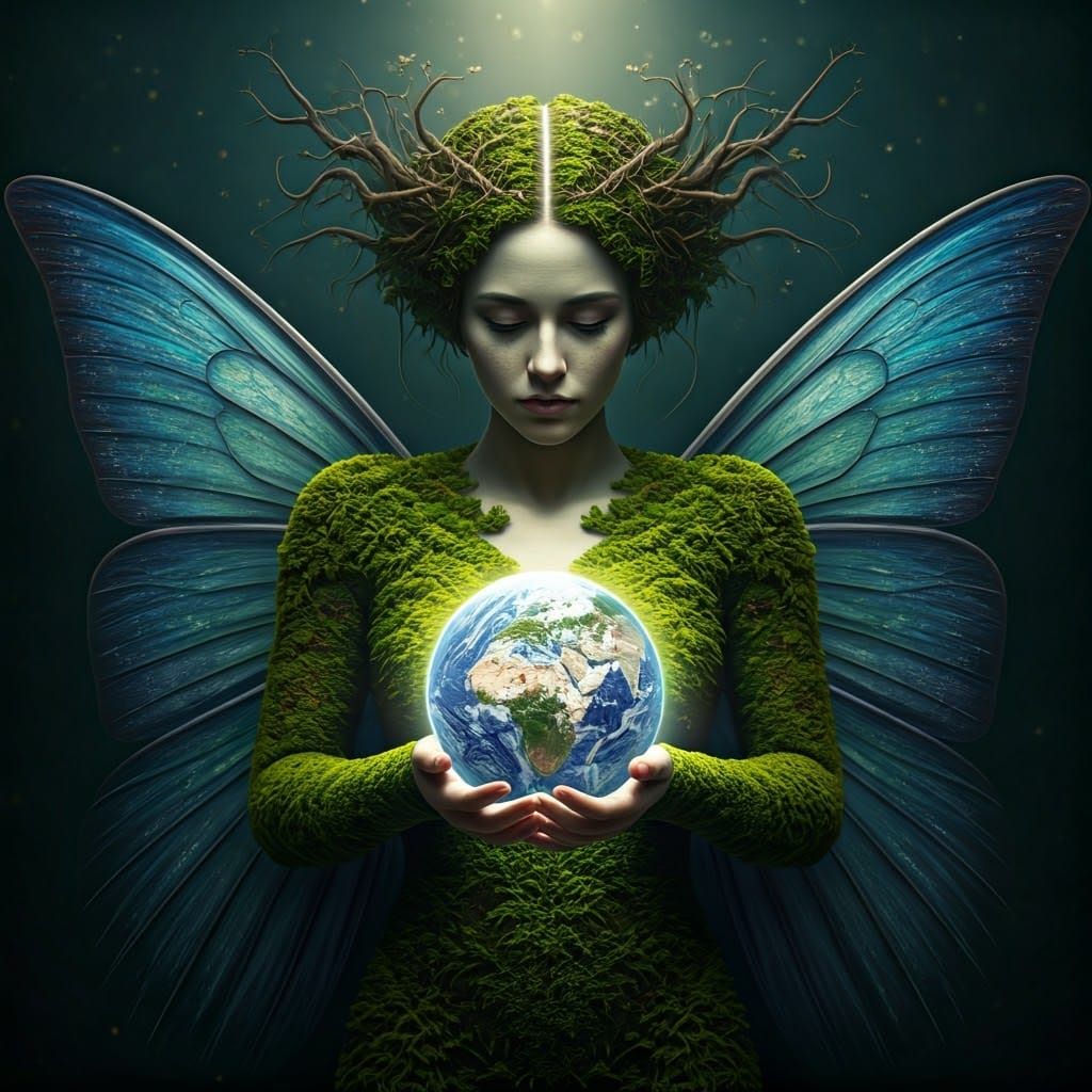 Ethereal Nature Spirit with Moss-Inlaid Skin and Earthly Win...