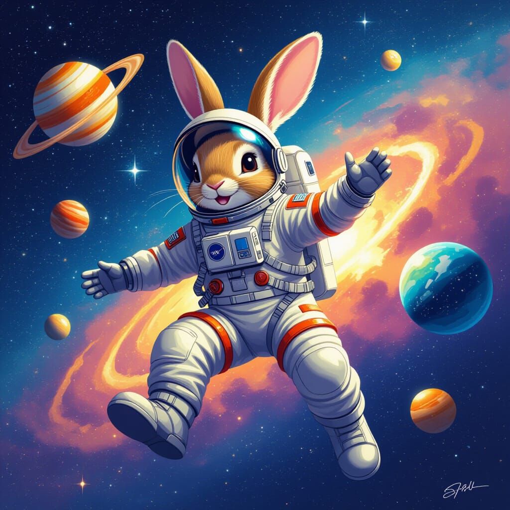 Astronaut Rabbit Floating in Space: Dreamy Digital Art