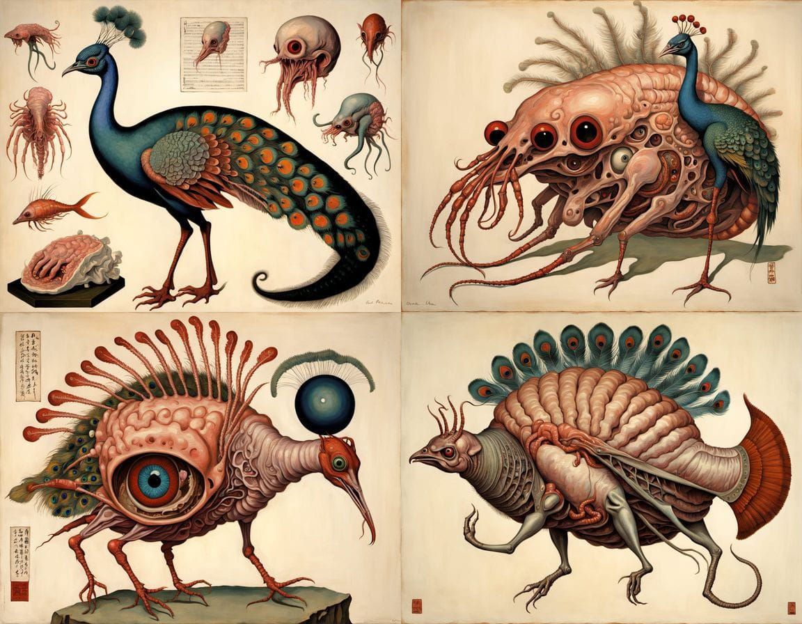 Ukiyo-e Hybrid Creature with Pulsing Brain