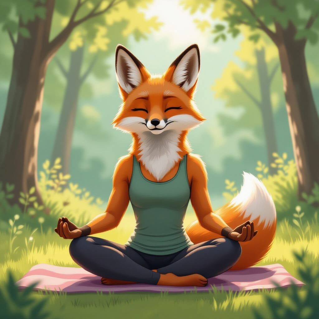 Fox Practices Yoga Outdoors in Animated Style